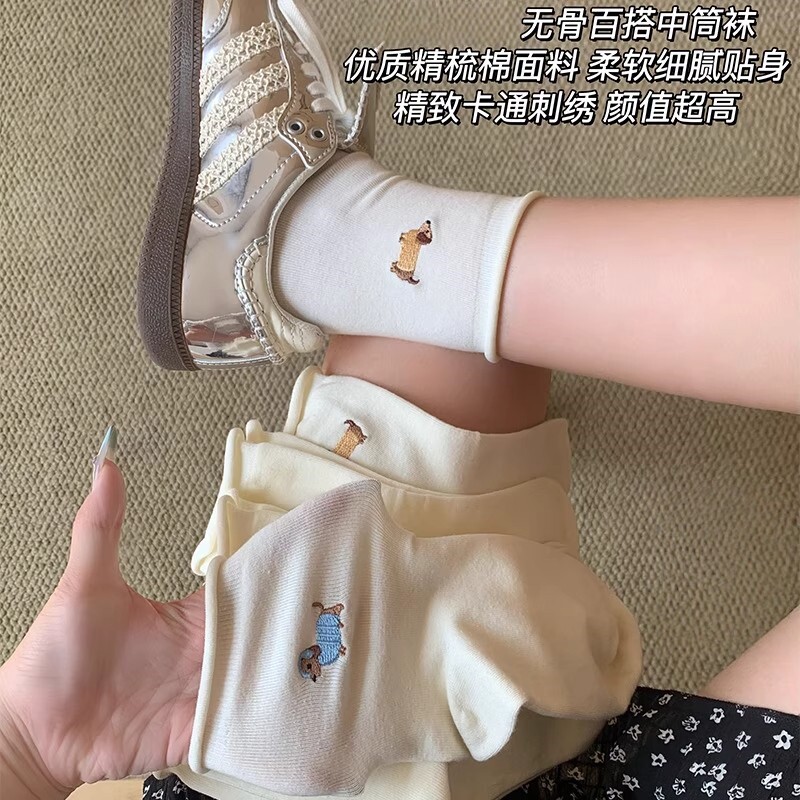 袜子女夏薄款2025新款爆款纯棉中筒袜腊肠狗白色卡通防臭透气短袜