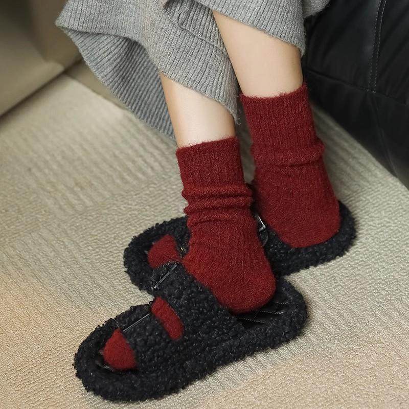 安可拉红！慵懒风竖条羊毛堆堆袜