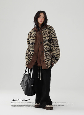 Acestudios 冬季美式复古拼接腰果花羊羔毛棉衣加厚棉服外套女潮