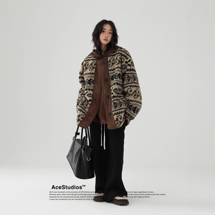 Acestudios 冬季美式复古拼接腰果花羊羔毛棉衣加厚棉服外套女潮