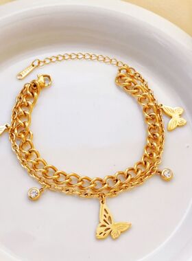 欧美跨境双层不锈钢蝴蝶手链简约女18k金色钛钢轻奢百搭手环饰品