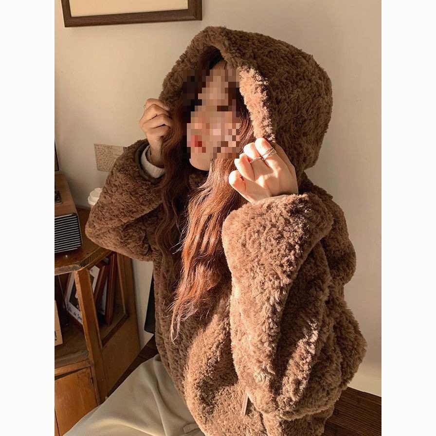 慵懒风可爱羊羔毛外套女秋冬季加厚保暖小个子潮流连帽学生
