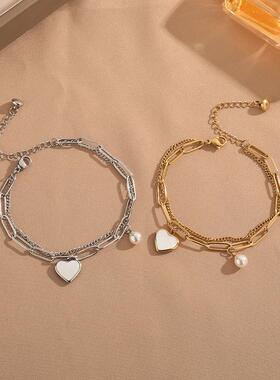 爱心饰品网红小众设计冷淡风个性双层气质百搭桃心珍珠不锈钢手链