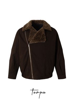 Tempa 25冬季New实拍复古斜拉链设计羊羔毛领夹棉宽松棉服外套