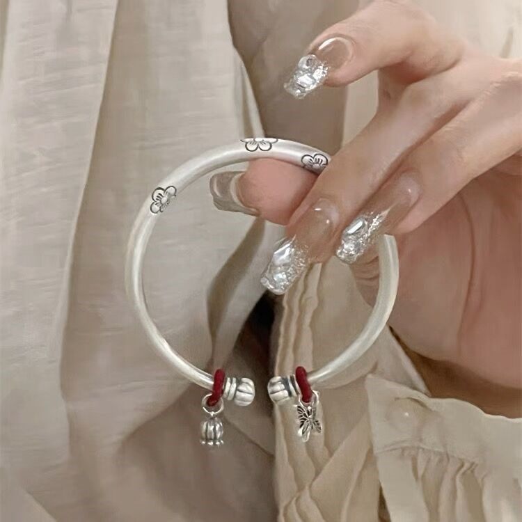 多福南瓜头纯银手镯9999足银实心古风梅花蝴蝶小花送女友七夕礼物