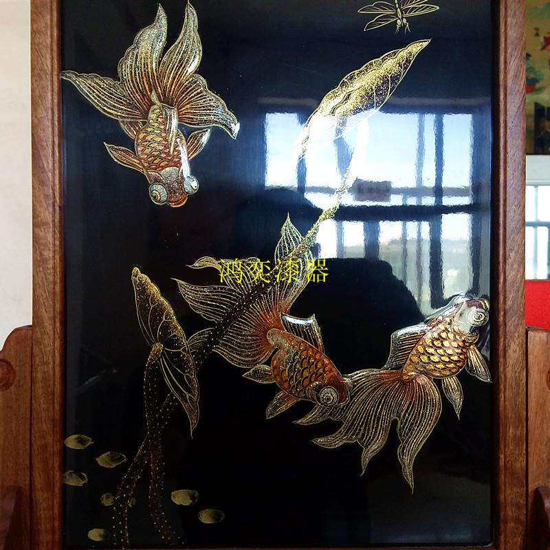 推光漆器木质家居摆件彩绘粉彩工艺品田园家居摆件莲年有鱼漆画
