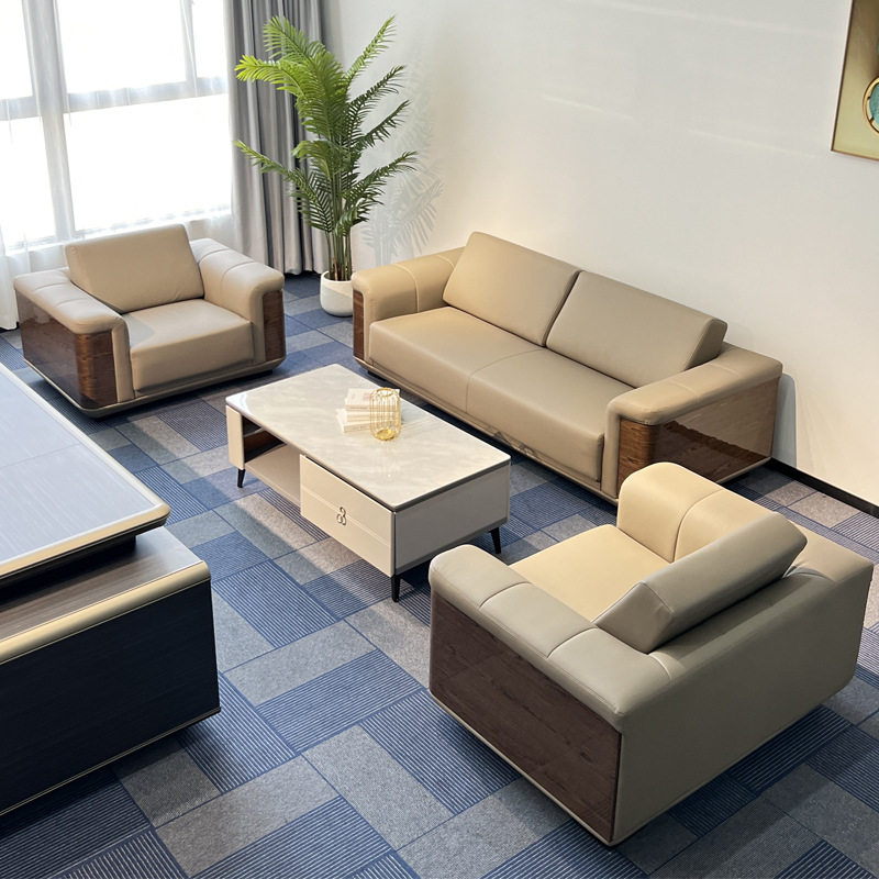 高档大型办公沙发浅色简约商务接待室会客区休闲办公室皮三人沙发