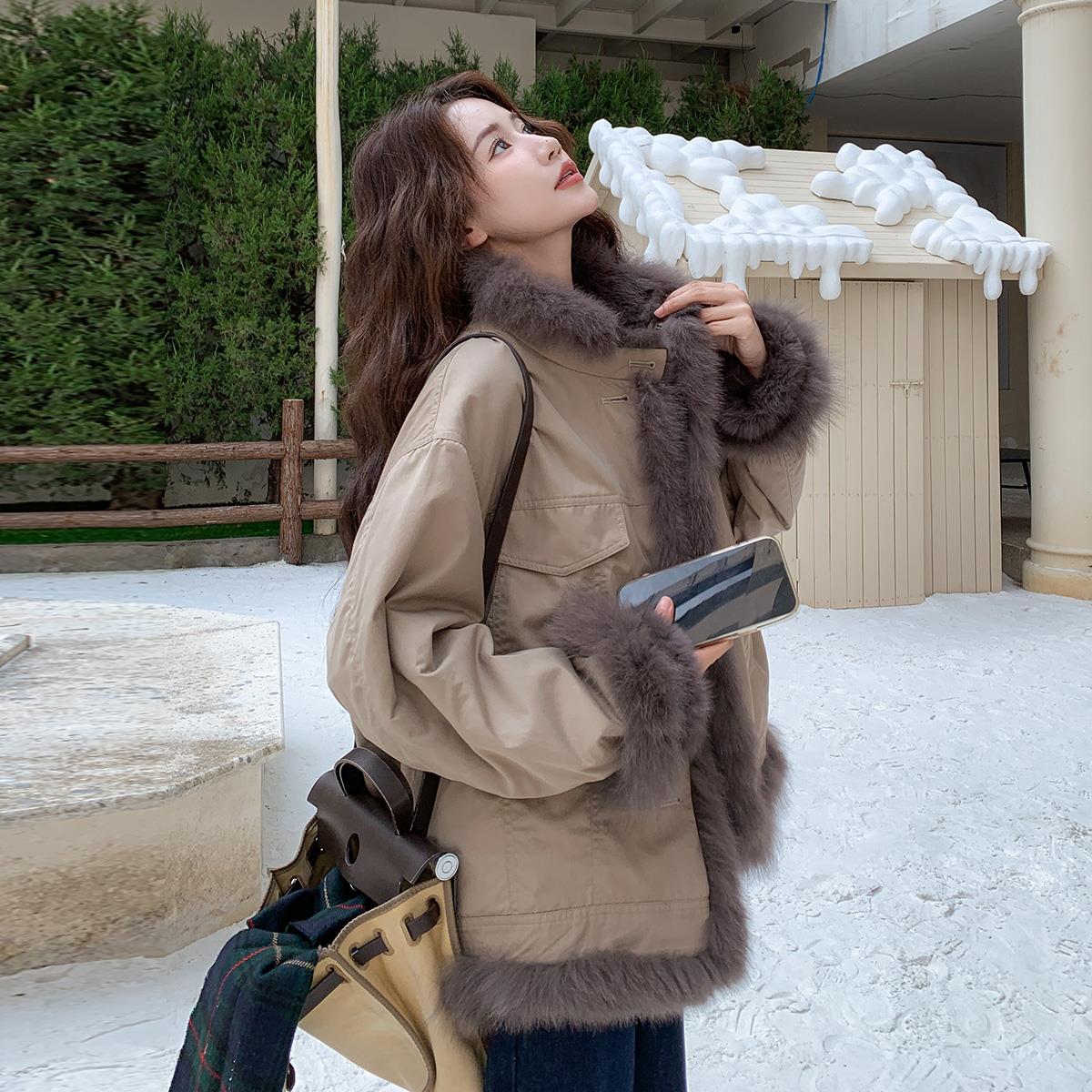 韩系环保皮草拼接皮毛一体外套女秋冬季加厚短款两面穿羊羔毛夹克