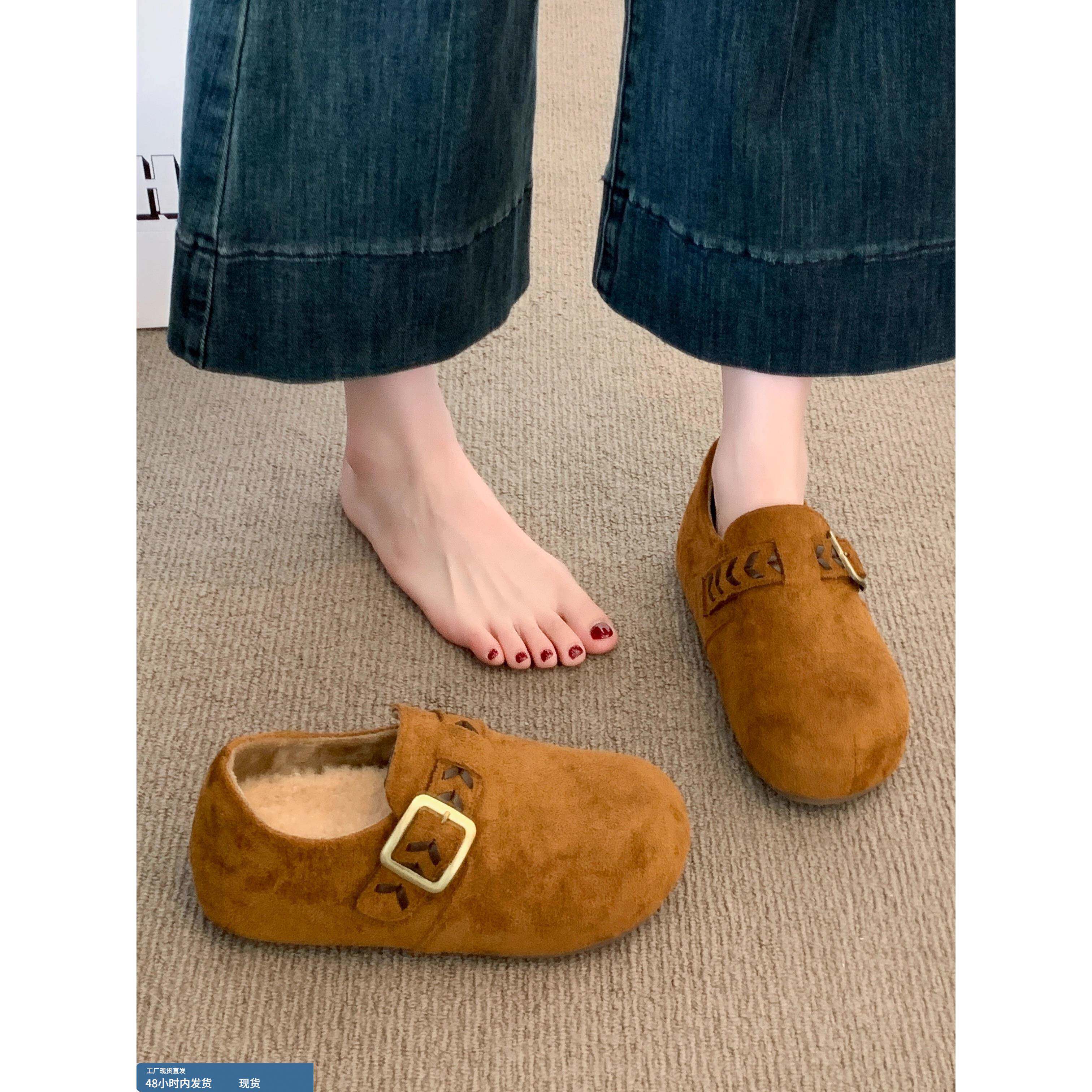 厚底内增高加绒全包勃肯鞋女2025冬季新款百搭豆豆乐福鞋博肯棉鞋