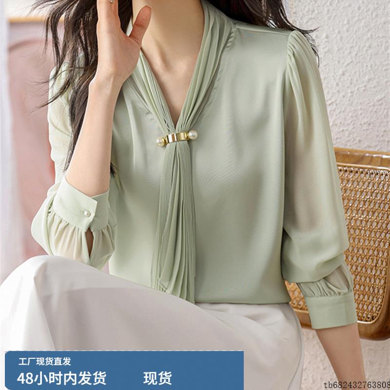 广州十三行大码女装高端2025年夏季新款压褶系带甜美洋气雪纺衬衫