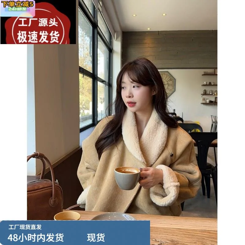 复古仿鹿皮绒皮毛一体外套冬季女装新款加绒加厚时尚宽松显瘦上衣