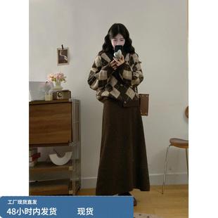 韩式慵懒chic套装针织毛衣外套女秋冬大码微胖mm显瘦半身裙两件套