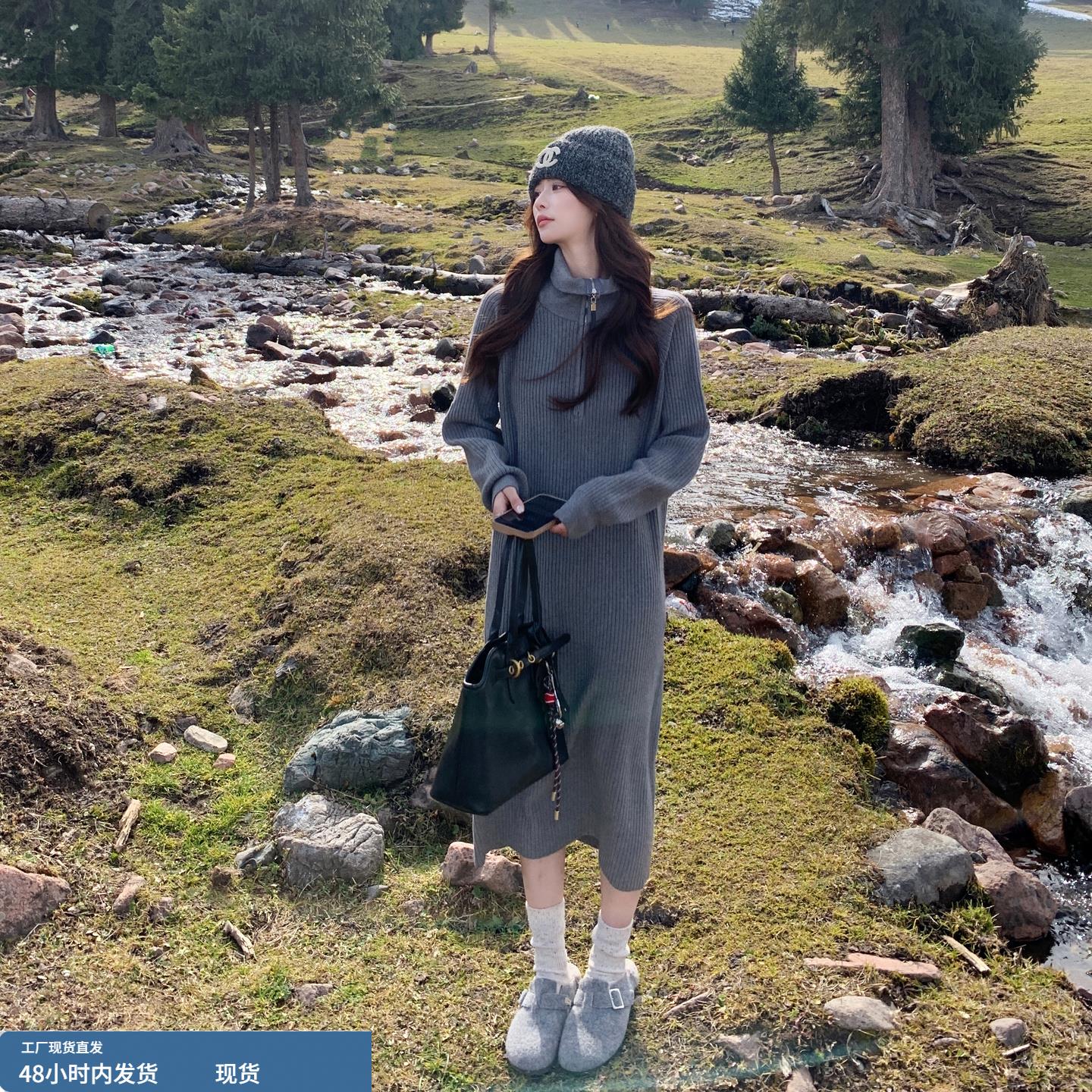 灰色韩系慵懒风巨好看针织连衣裙女秋冬季2025新款气质时尚毛衣裙