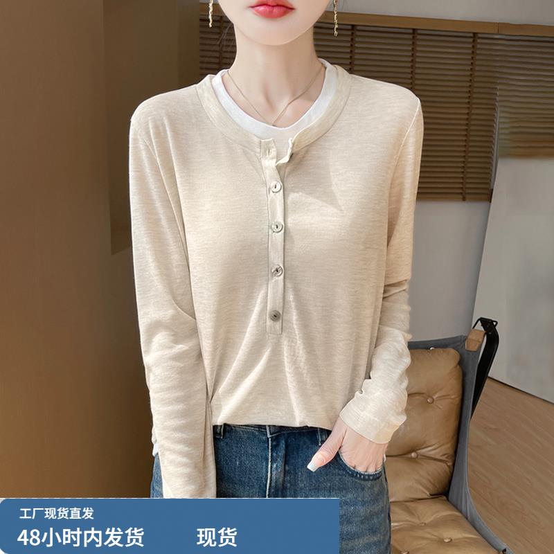 2025秋冬新款半开领精纺羊毛针织衫上衣女宽松撞色羊绒假两件毛衣