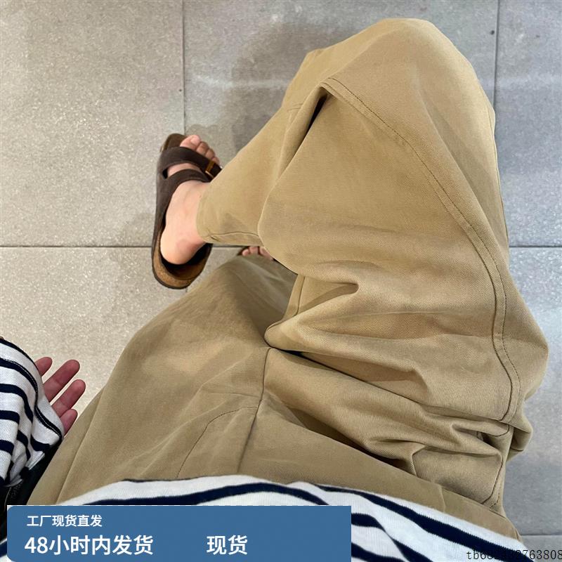 韩版复古深卡其色弯刀型裤子女2025早秋新款宽松休闲高腰阔腿裤