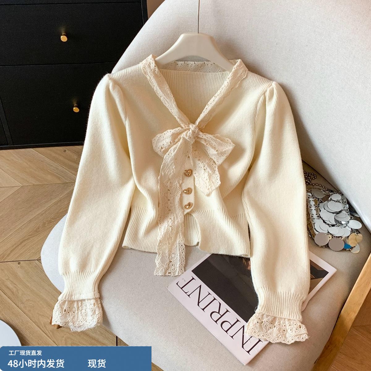 自留款推荐~蕾丝花边蝴蝶结针织开衫女冬季新款甜美软糯毛衣外套