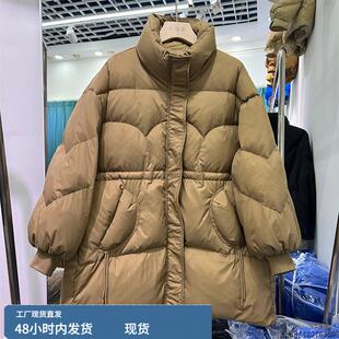 采购产品冬季新款女士羽绒服中长立领束腰加厚大码宽松温暖白色鸭