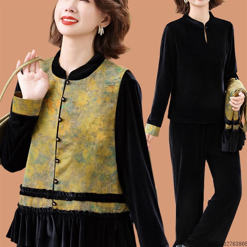 妈妈秋装金丝绒套装2025新款中老年女装春秋新中式国风马甲上衣服