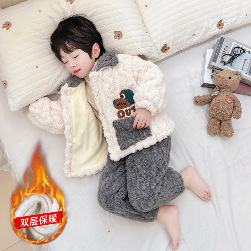 全棉纯棉男童睡衣珊瑚绒开衫秋冬男孩卡通双层家居服套装儿童加厚