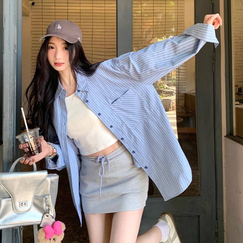 法式蓝色条纹衬衫外套女2026新款慵懒风宽松衬衣春秋上衣