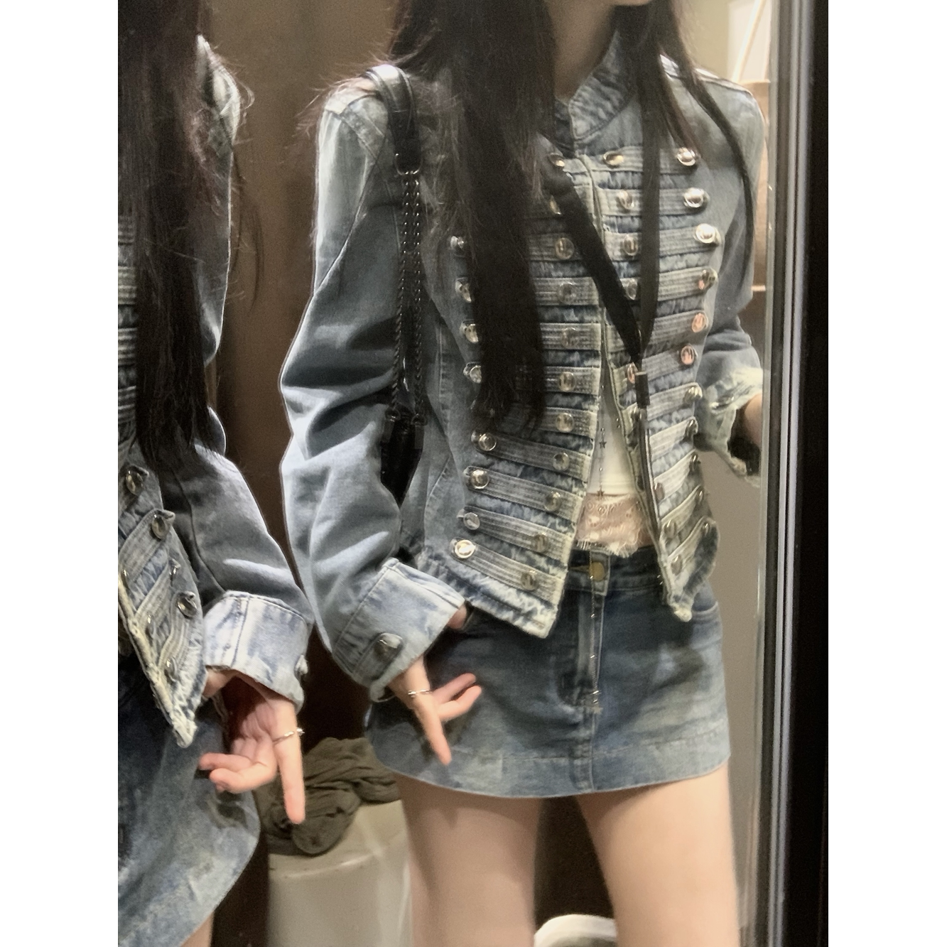 实价拿破仑复古水洗正肩牛仔外套女2026秋季时尚长袖修身夹克上衣