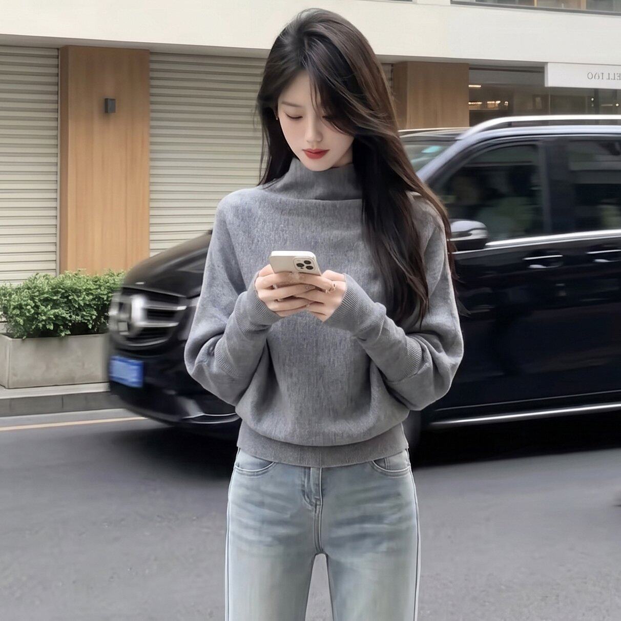已到货 灰色半高领蝙蝠袖套头毛衣女秋季设计感宽松上衣