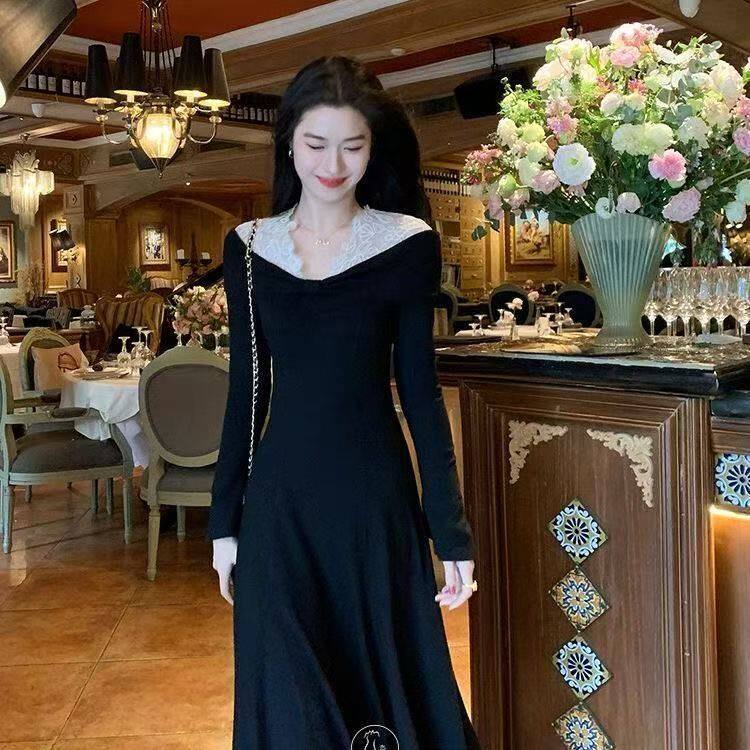 圣诞新年战袍蕾丝红色一字肩针织连衣裙子女秋冬季收腰巨好看长裙