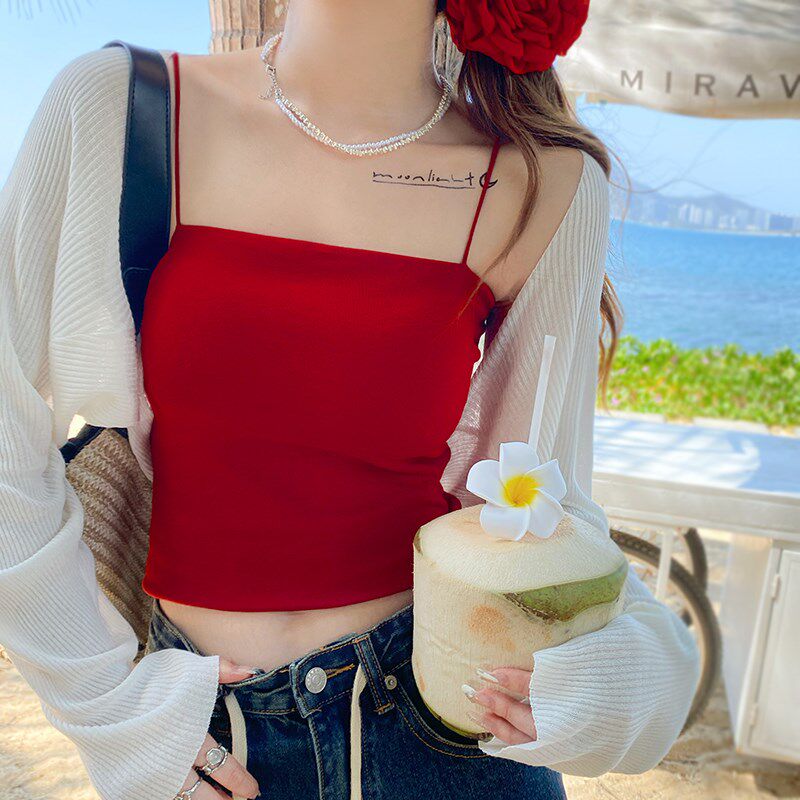 速发红色吊带带胸致内搭法式别垫小背心20新42款外穿文胸一体上衣