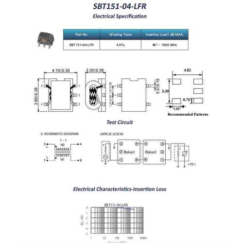 SBT151-04-LFR FRONTIER 1:1贴片射频变压器1-1800MHZ 巴伦变压器