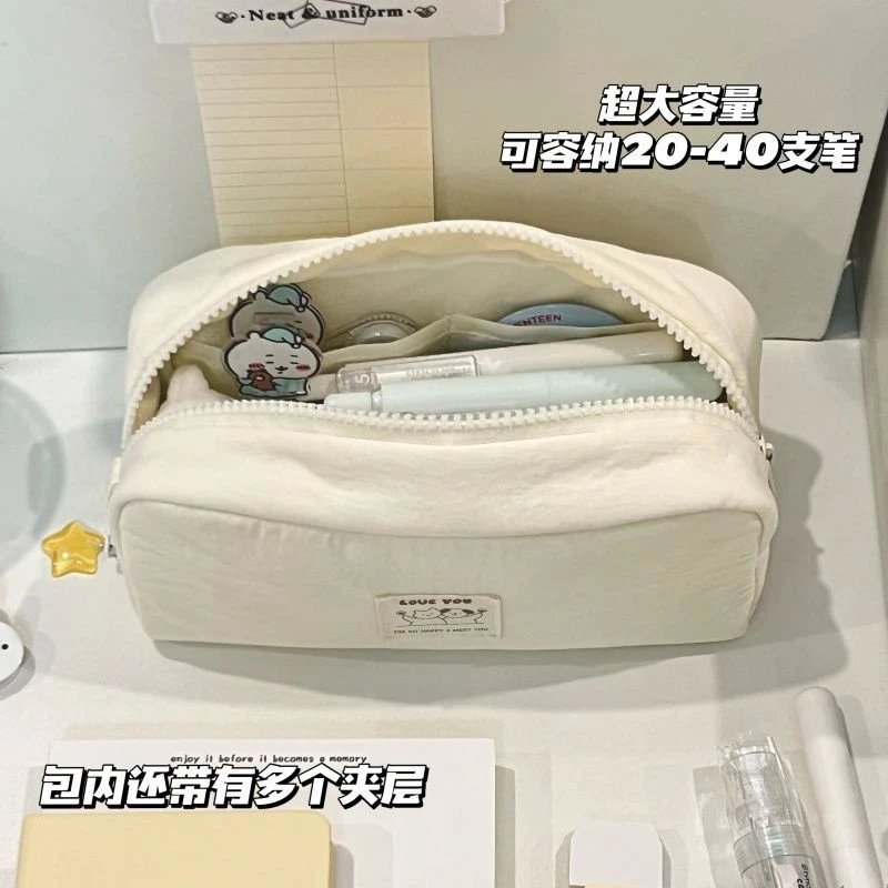 小方墩墩笔袋简约纯色系奶油女生ins高颜值大容量多隔层文具袋
