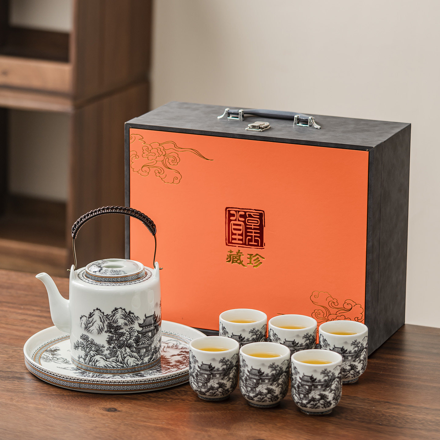 中式陶瓷提梁壶一壶六杯茶具套装家用大容量凉水壶泡茶壶礼盒套装