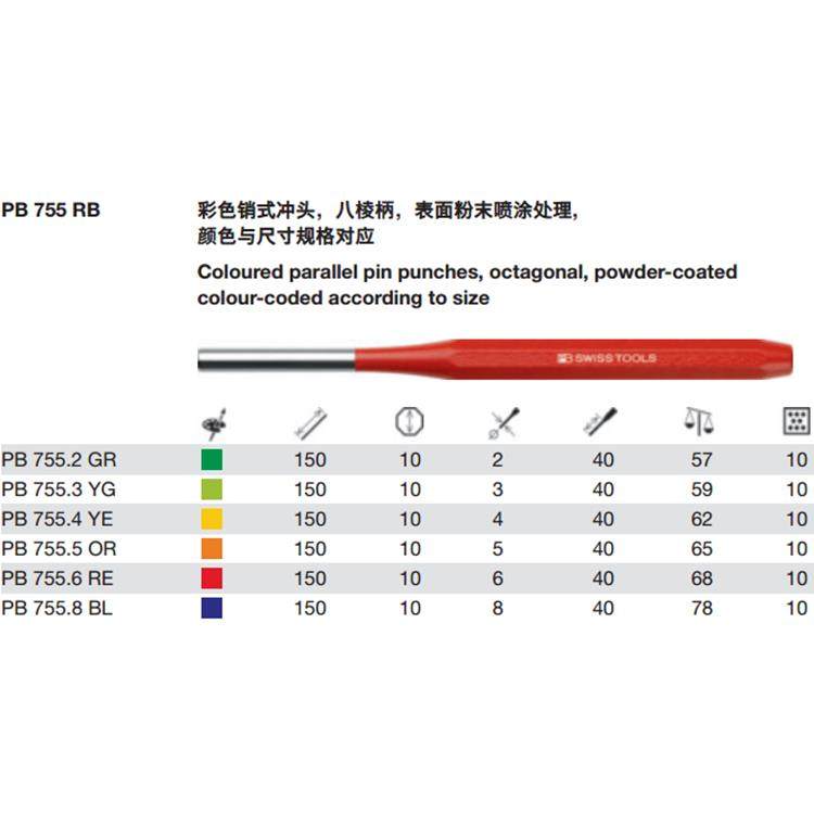 瑞士PB Swiss Tools PB 755 RB彩色八棱柄销式冲头系列