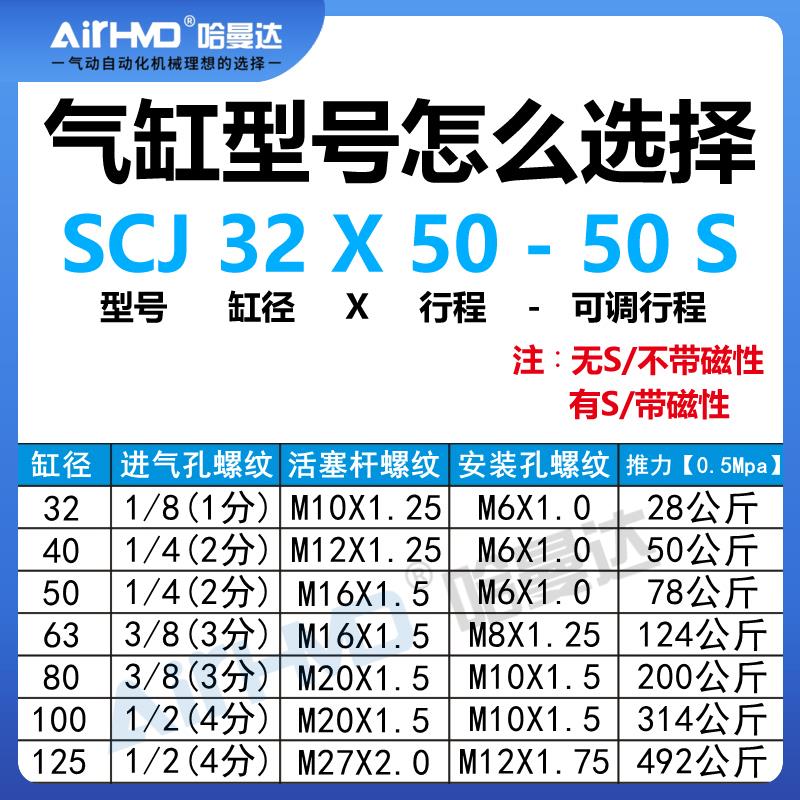 气动行程可调气缸SCJ50*25X50X60X75X100X125X200X300-25/50/100S