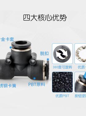 气动黑色精品T型三通塑料快速快插接头PE-04/06/08/10/12/14/16管