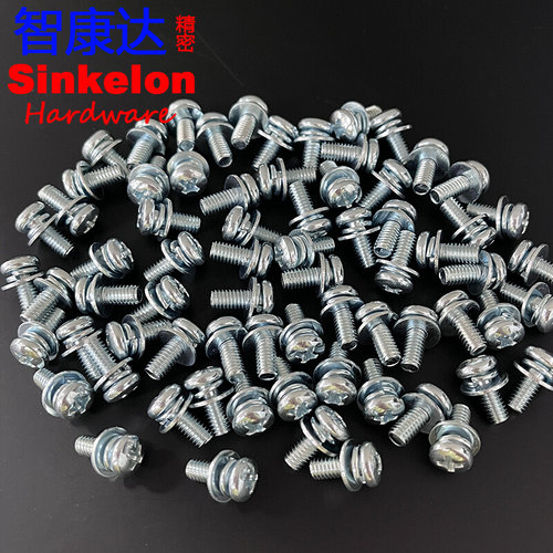 。碳钢蓝白锌GB9074.4圆头大盘头十字槽机平垫弹垫三组合螺钉M3