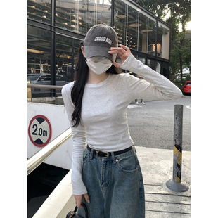 秋冬季 修身 白色T恤女装 2025新款 上衣 显瘦正肩圆领内搭长袖 打底衫