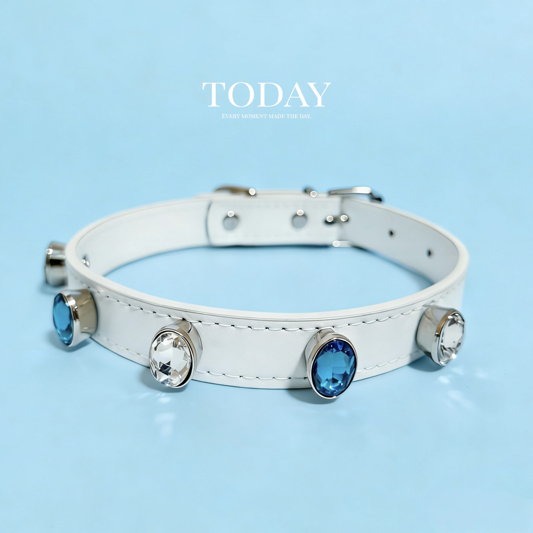 小型犬大型犬白蓝水钻狗狗项圈闪钻宠物脖圈PU狗狗脖圈柳钉可调节