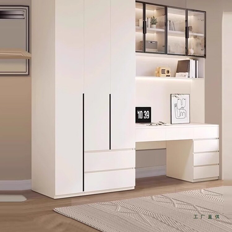 Enf级实木书桌电脑桌带衣柜一体卧室家用连体衣橱柜组合学习桌