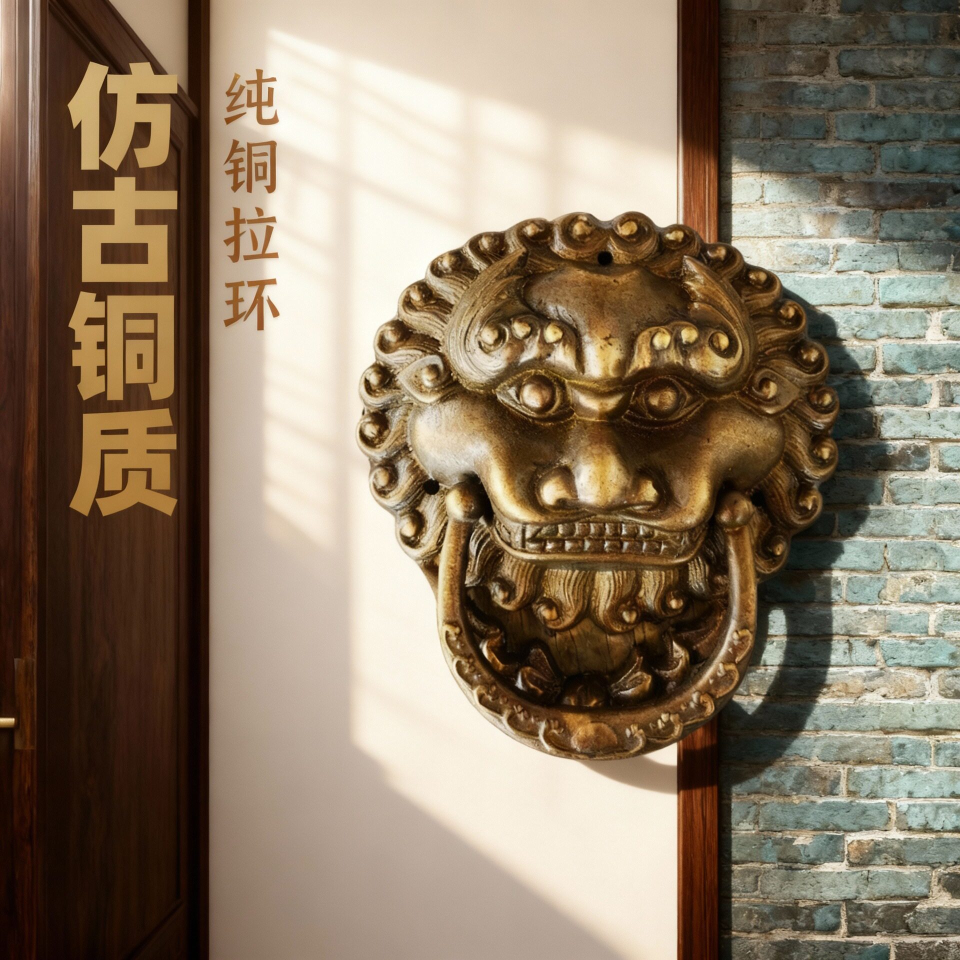 中式仿古配件大门狮子头铜门环拉手兽头老虎头纯铜拉环门把手手柄