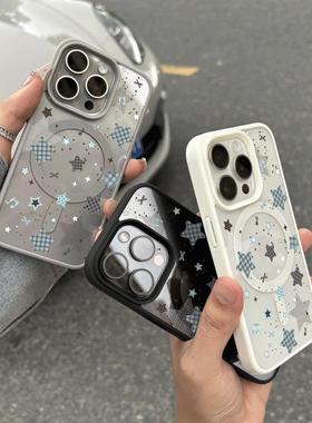 格纹蓝星星适用苹果17promax手机壳iPhone16pro磁吸iPhone15plus大孔14plus13mini小清新12/11保护套XSXR7/8P