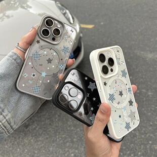格纹蓝星星适用苹果17promax手机壳iPhone16pro磁吸iPhone15plus大孔14plus13mini小清新12/11保护套XSXR7/8P