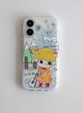 ins风吉他女孩适用苹果17pro手机壳iPhone16promax卡通可爱15plus手机保护壳14pro防摔套13/12/11保护套7/8P