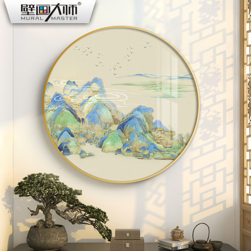 新中式圆形玄关装饰画山水画餐厅挂画led带灯发T光画书房走廊壁画图片
