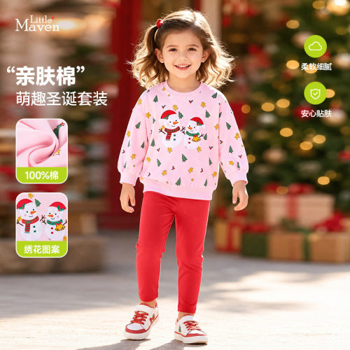 Little maven秋季可爱女童卫衣套装 欧美圣诞风儿童套装 节日童装