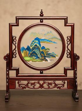 刺绣摆件成品台屏中式桌面摆台双面苏绣古典红木屏风礼品