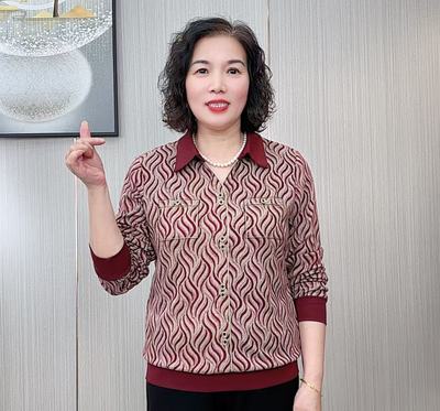 年轻妈妈装翻领印花套头T恤秋装新款洋气减龄中老年打底衫