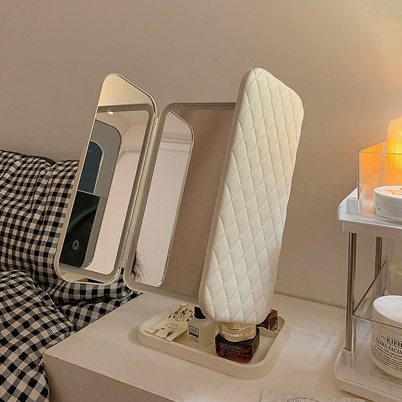 贝壳双开门led化妆镜带灯收纳盒一体台式桌面折叠可调节镜子郑之