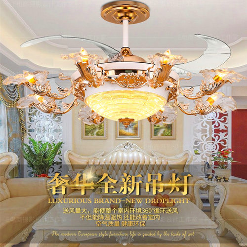 水晶欧式隐形吊扇灯客厅风扇灯智能语音复古变频大气风扇吊灯新款