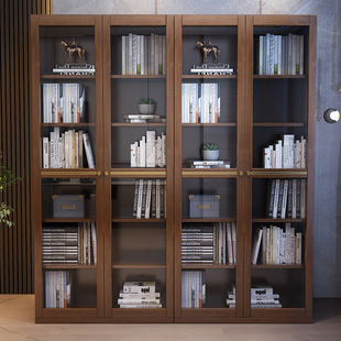 带玻璃柜门实木书柜分层多格书橱书房落地书架办公室收纳储物柜子