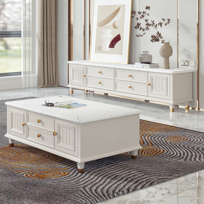 美式轻奢大理石电视柜茶几组合全实木白色小户型客厅收纳地柜家具